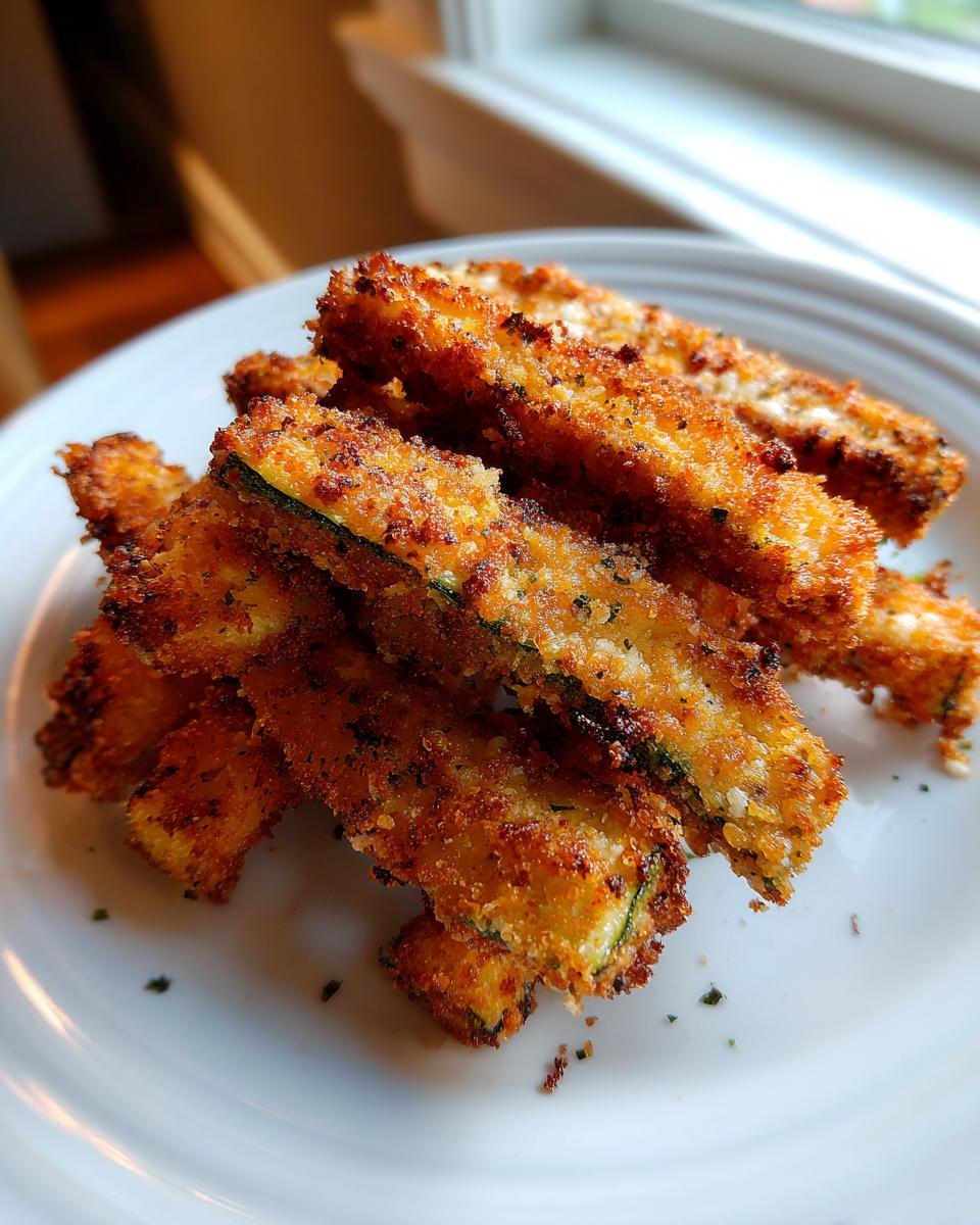 A pile of golden brown, crispy breaded air fryer zucchini sticks served on a white plate.