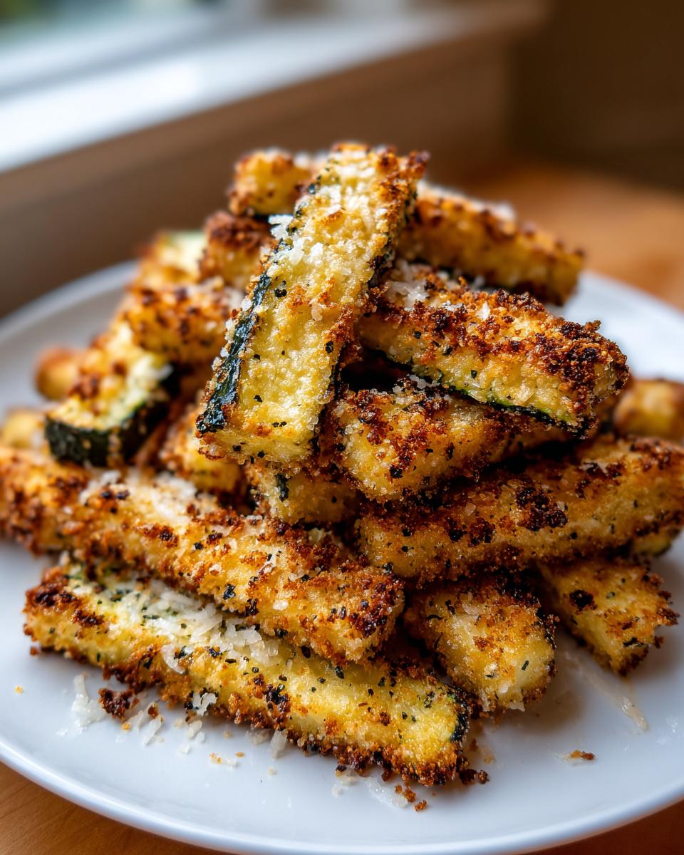 A pile of crispy, golden brown air fryer zucchini fries topped with grated Parmesan cheese.