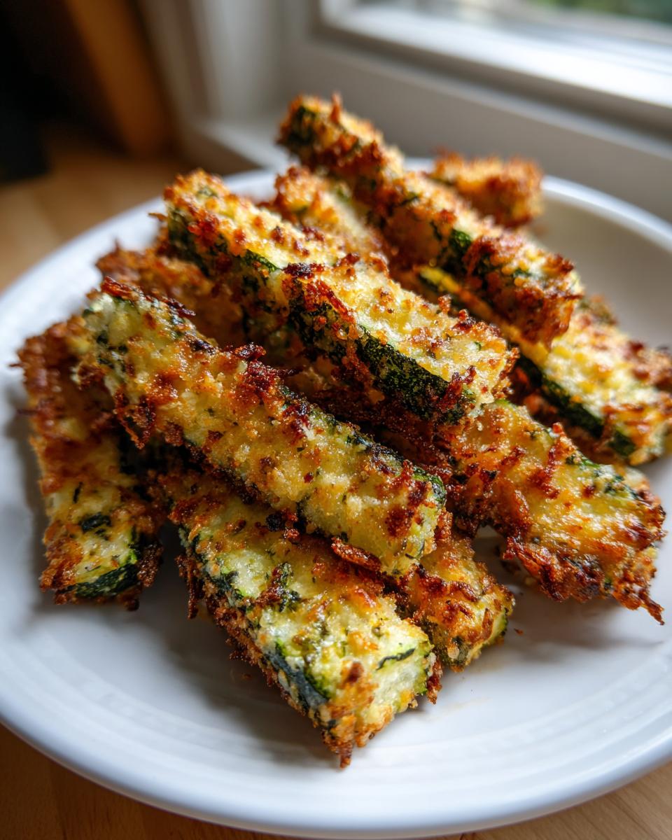 A pile of golden brown, crispy air fryer zucchini sticks coated in cheese and seasoning, served on a white plate.