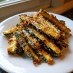 A pile of crispy, golden-brown air fryer zucchini sticks coated in Parmesan cheese on a white plate.