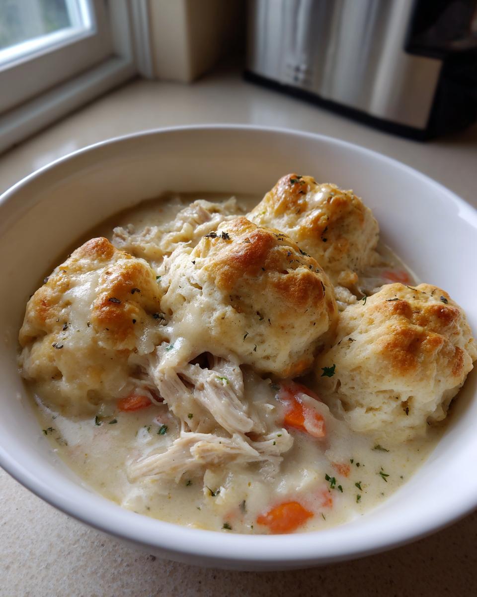 A white bowl filled with creamy chicken and dumplings, featuring shredded chicken, carrots, and golden biscuits.