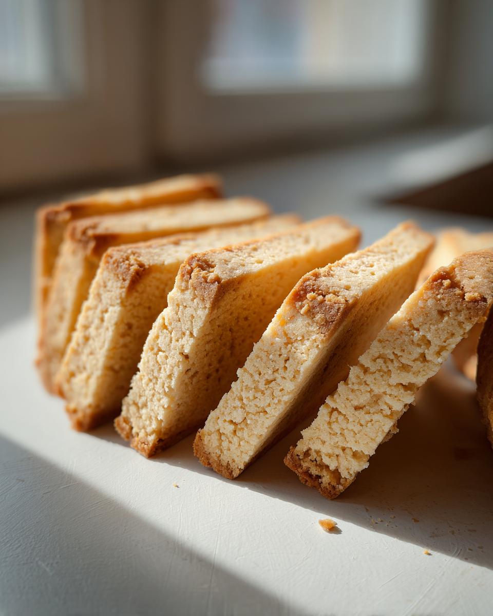 Close-up of several thick, golden slices of amazing 4 ingredient shortbread cookies leaning against each other.