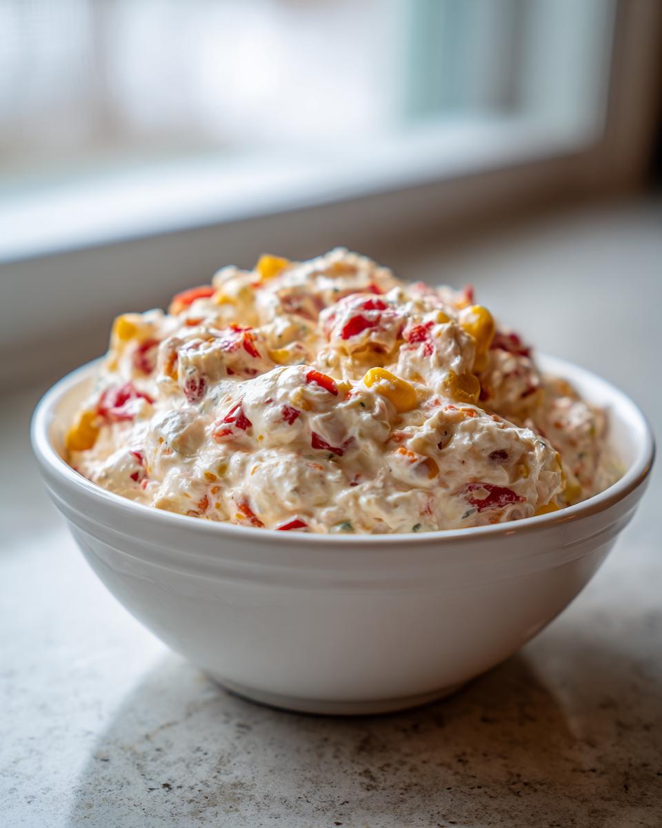 Close-up of creamy, chunky boat dip mixed with red peppers and corn in a white serving bowl.