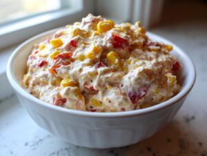 A creamy, chunky 5-ingredient boat dip filled with corn and red peppers served in a white bowl.