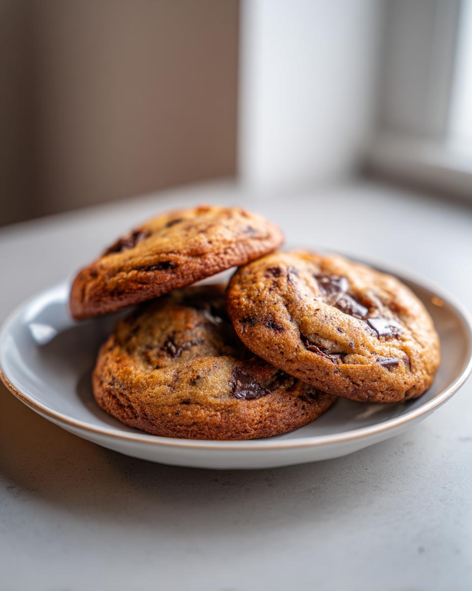 Three freshly baked banana bread cookies loaded with melted chocolate chips stacked on a small plate.