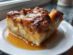 A close-up of a moist slice of bread pudding topped with glossy caramel sauce on a white plate.