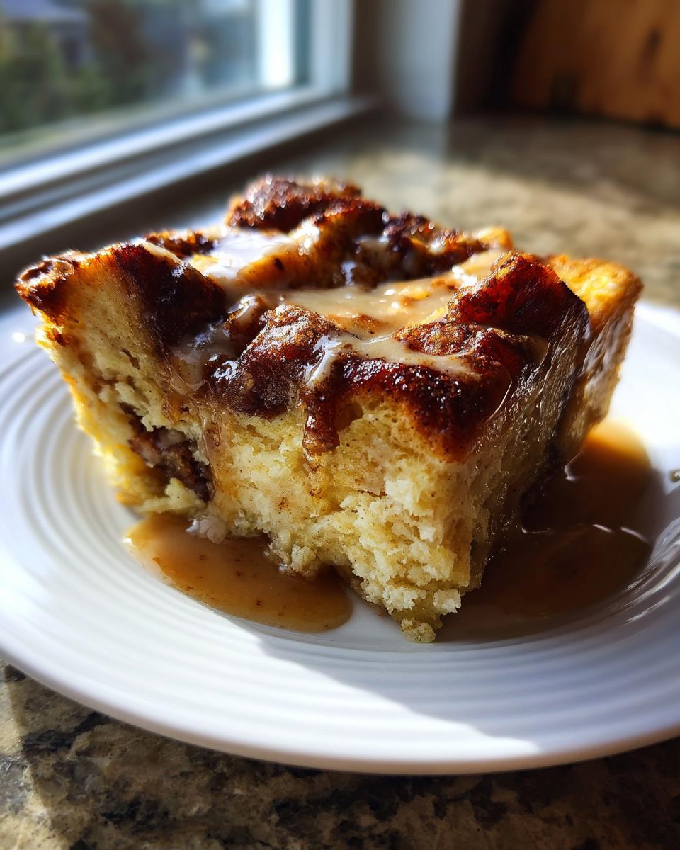 A close-up of a rich slice of bread pudding topped with cinnamon swirl and drizzled with caramel sauce.