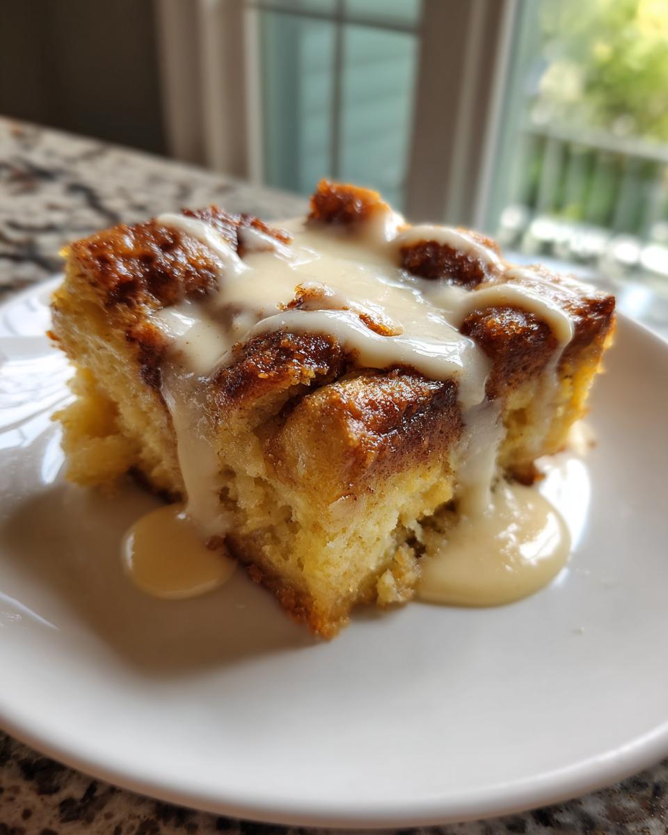 A close-up of a square slice of moist bread pudding topped with a rich vanilla glaze.