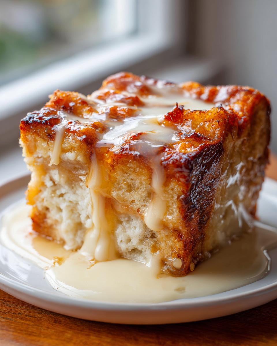 A square slice of golden brown bread pudding generously drizzled with a thick, creamy sauce.
