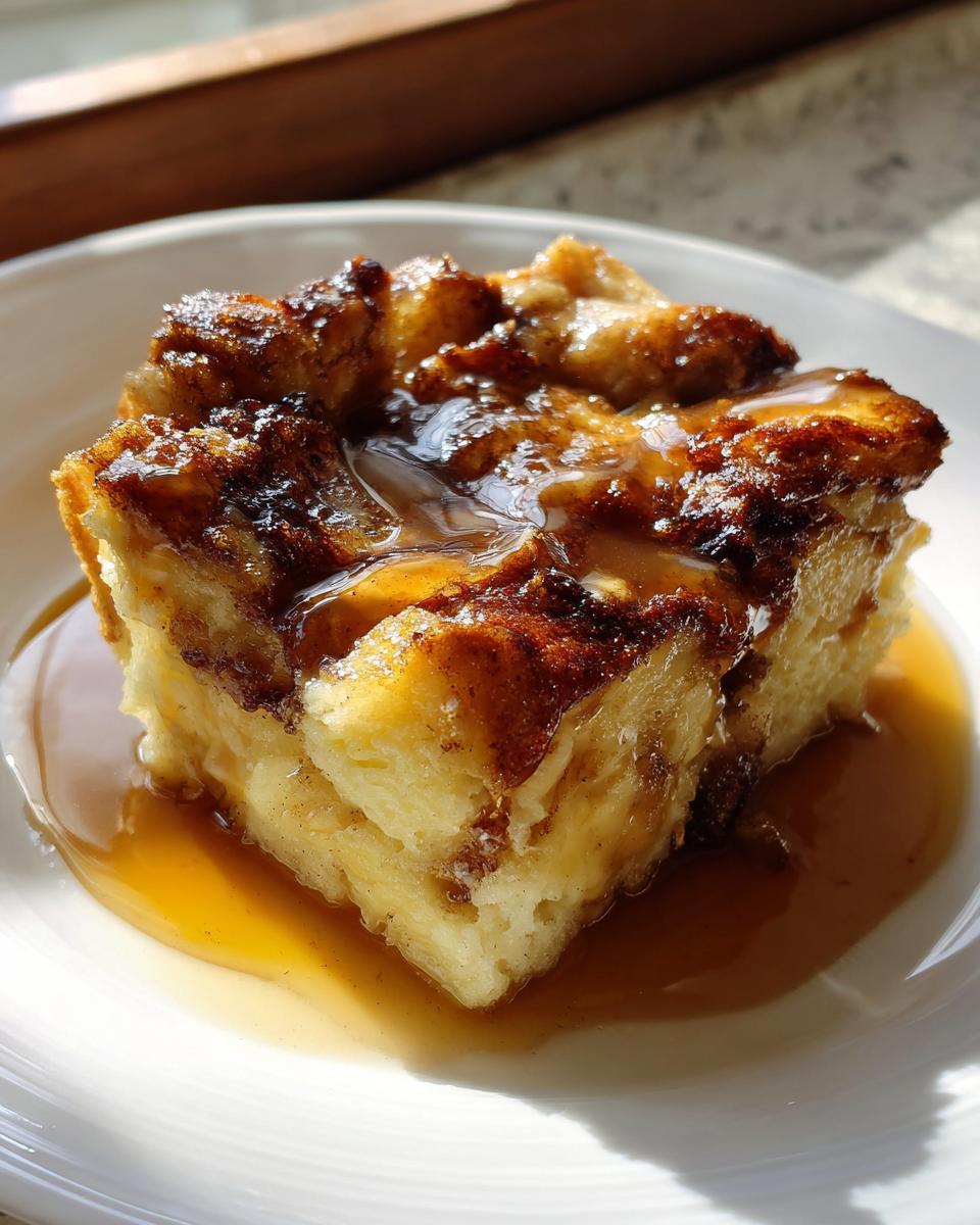 A close-up of a square slice of amazing bread pudding, topped with rich caramel sauce, sitting on a white plate.