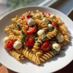 A close-up of amazing caprese pasta salad featuring fusilli pasta, cherry tomatoes, mozzarella balls, and basil.