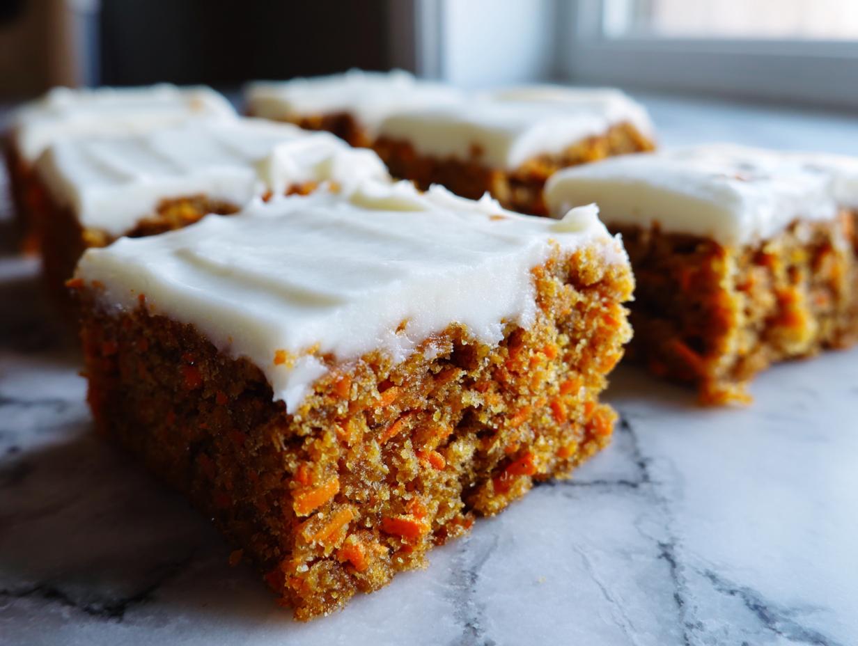 A close-up of a moist, square slice of carrot cake bars topped with thick cream cheese frosting.