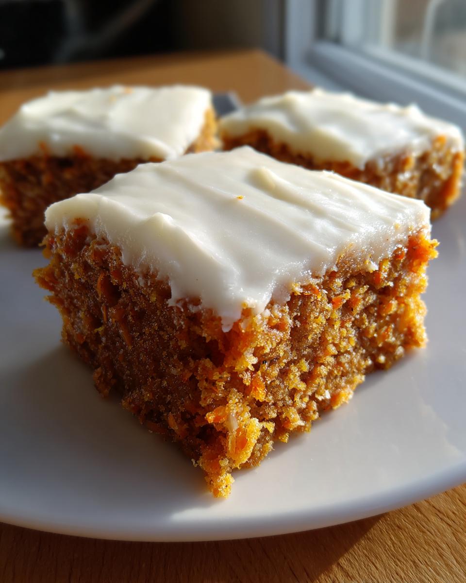 A close-up of a square piece of moist carrot cake bars topped with thick cream cheese frosting.