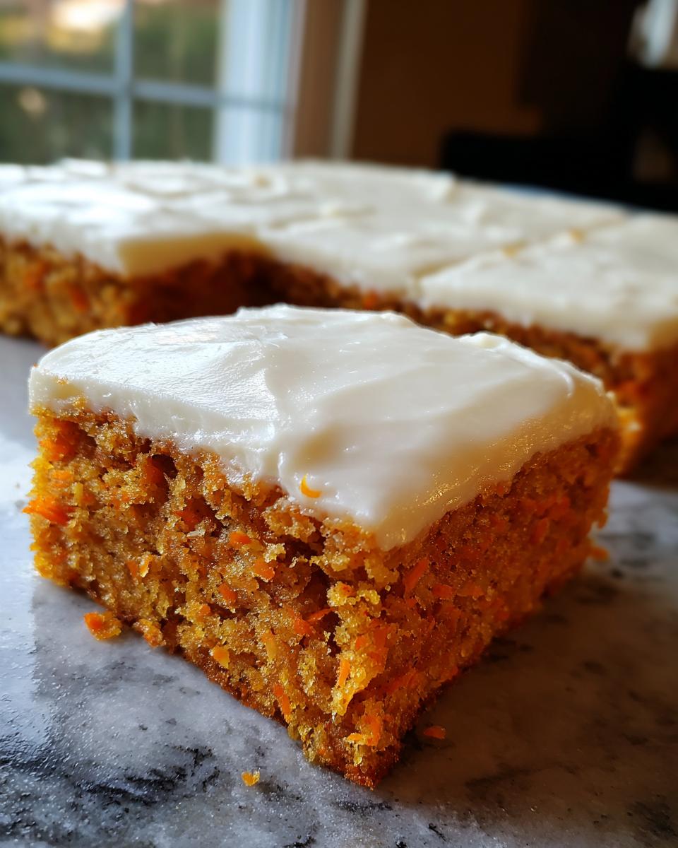A thick, moist square of amazing carrot cake bars topped with creamy white cream cheese frosting.