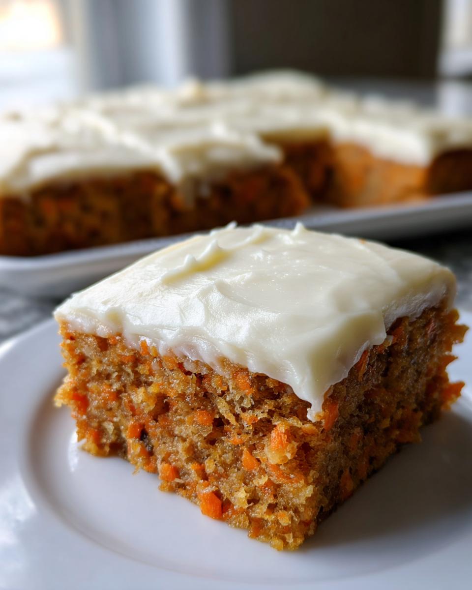 A close-up of a single square of amazing carrot cake bars topped with thick cream cheese frosting, served on a white plate.