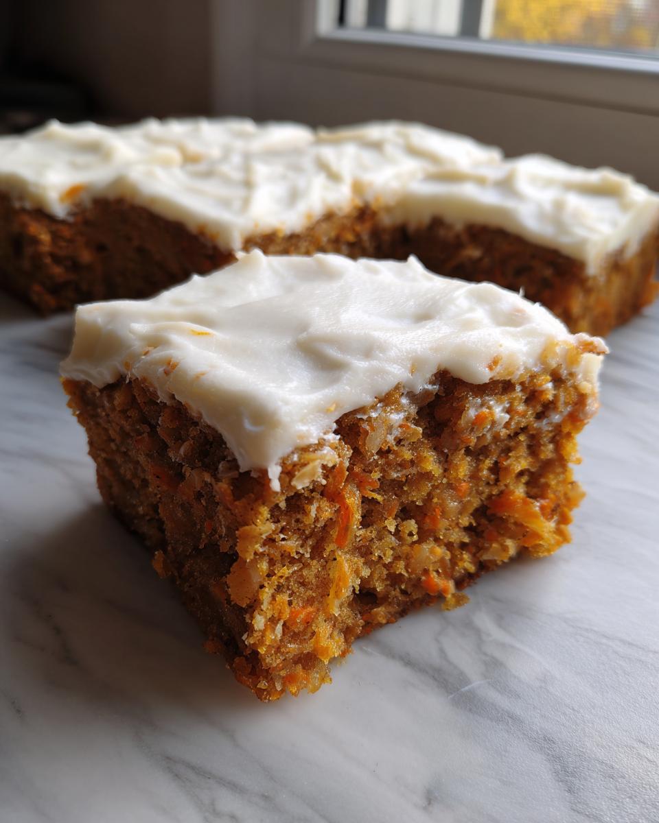 A close-up of a moist square of carrot cake bars topped with thick cream cheese frosting.