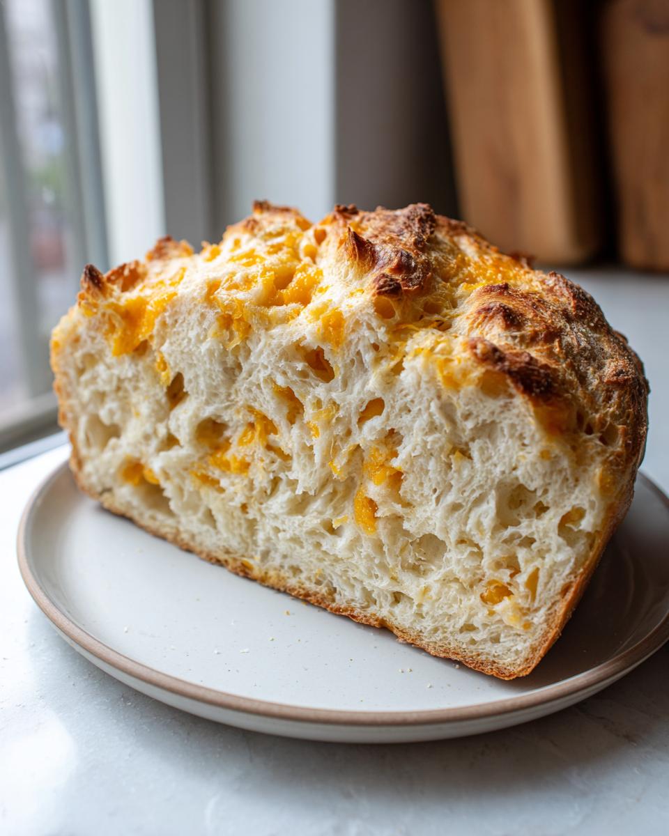 A close-up of a freshly baked cheese bread loaf sliced open, showing a fluffy interior with melted orange cheese pockets.