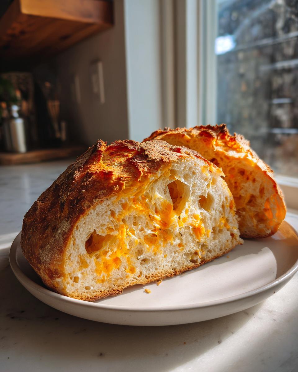 A loaf of amazing cheese bread cut in half, showing the airy interior and melted orange cheese pockets.