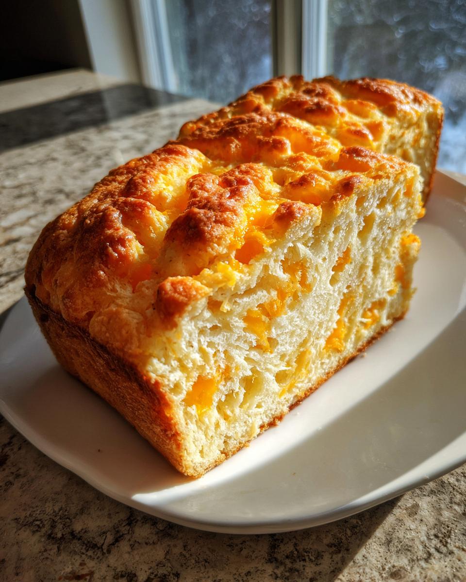 A close-up of a sliced loaf of amazing cheese bread showing a fluffy interior packed with melted orange cheese.