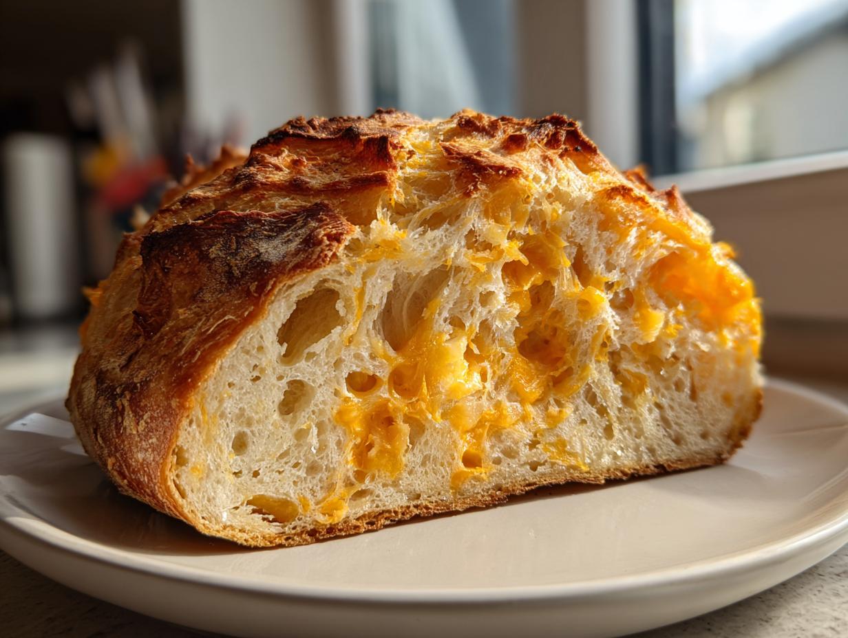A close-up of a freshly baked cheese bread loaf cut in half, showing the airy crumb and melted orange cheese pockets.