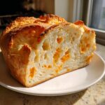 A freshly baked loaf of amazing cheese bread, sliced to show the soft interior dotted with melted cheddar cheese.