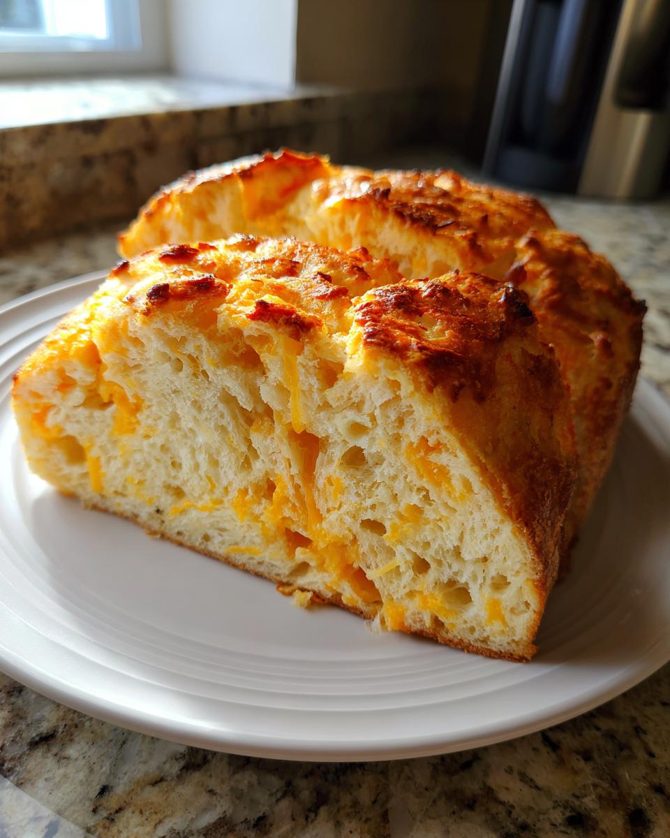 Close-up of two thick slices of amazing cheese bread showing the soft interior filled with melted cheddar cheese.