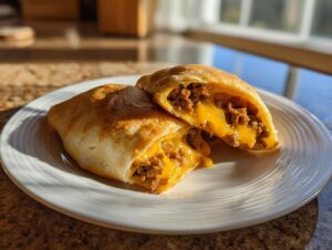 Two halves of a golden brown cheeseburger egg rolls showing a gooey, melted cheese and seasoned ground beef filling.