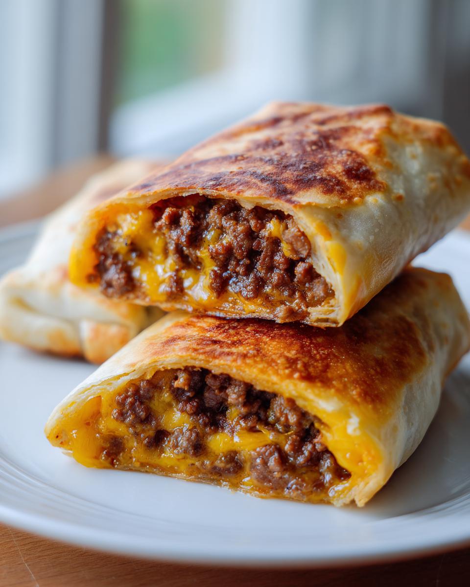 Two halves of a crispy, golden-brown cheeseburger egg roll stacked, revealing a filling of seasoned ground beef and melted cheddar cheese.