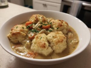 A close-up of a white bowl filled with creamy chicken and dumplings, topped with carrots and parsley.