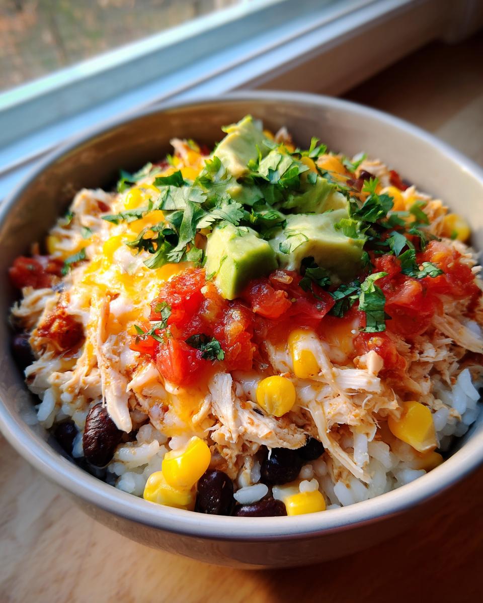 A close-up of a delicious chicken burrito bowl topped with shredded chicken, corn, black beans, salsa, cheese, and avocado.