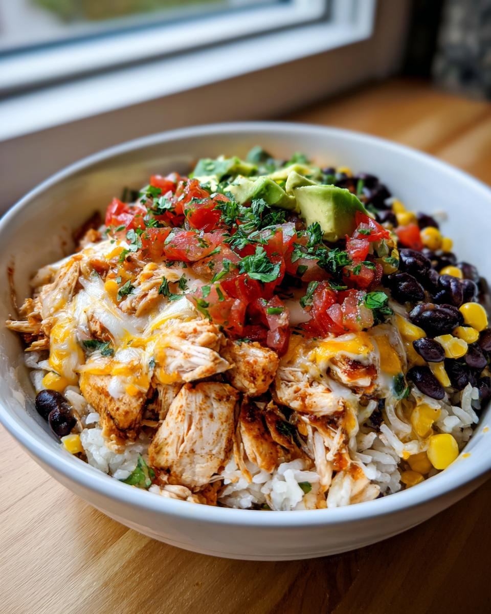 A close-up of a white bowl filled with a delicious chicken burrito bowl, featuring rice, shredded seasoned chicken, melted cheese, black beans, corn, salsa, and avocado.