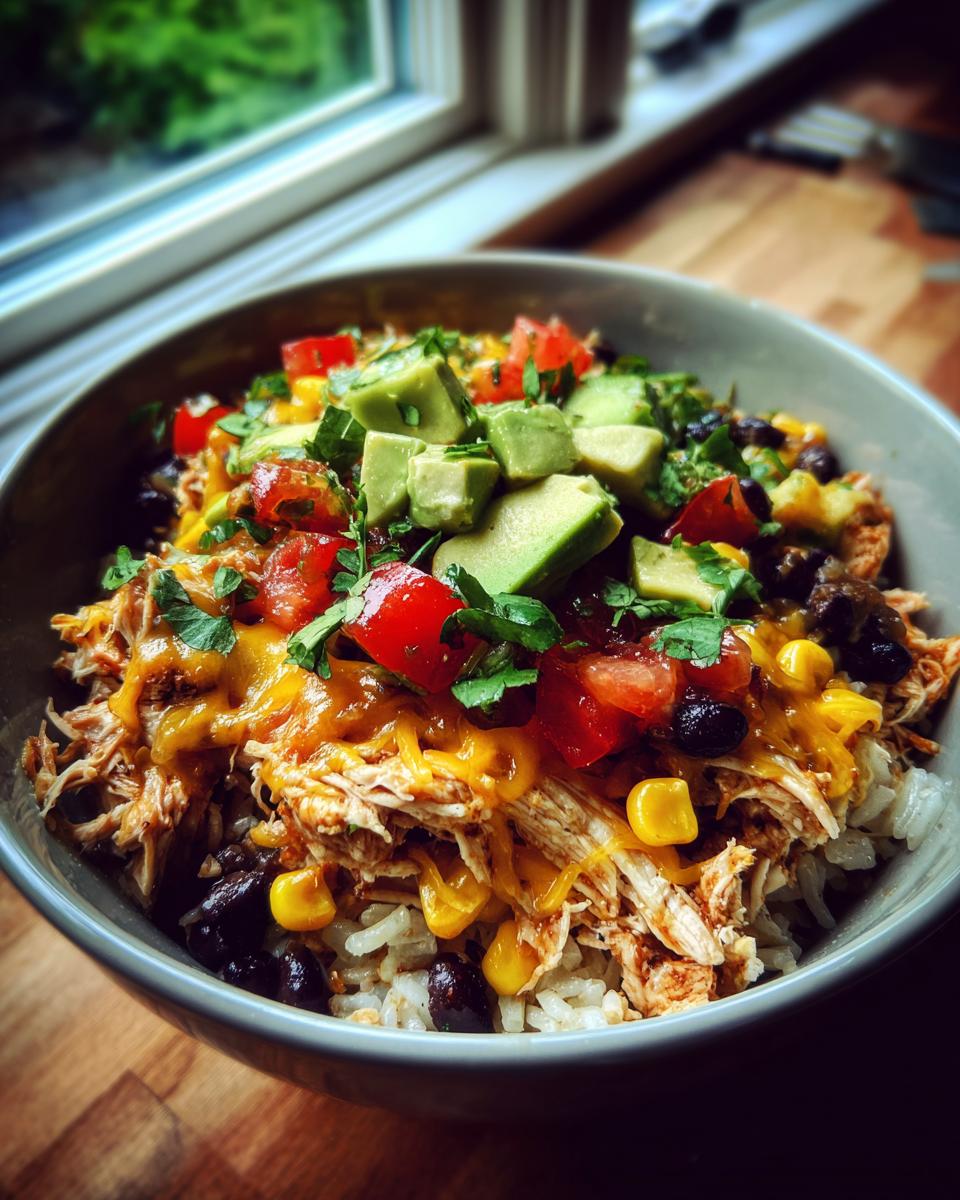 A close-up view of a delicious chicken burrito bowl layered with rice, shredded chicken, cheese, black beans, corn, tomatoes, and avocado.