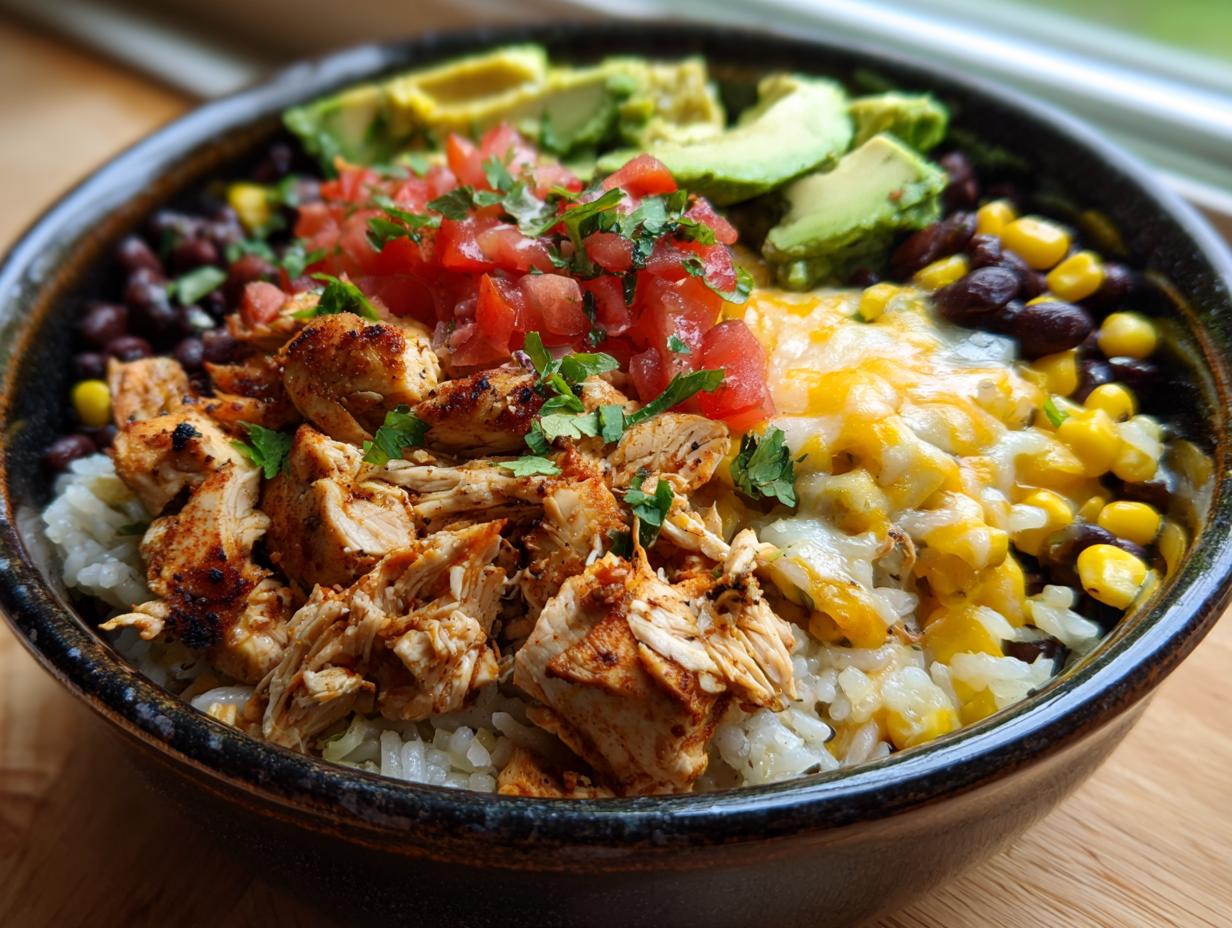 A close-up view of a hearty chicken burrito bowl featuring seasoned chicken, rice, melted cheese, corn, black beans, salsa, and avocado slices.