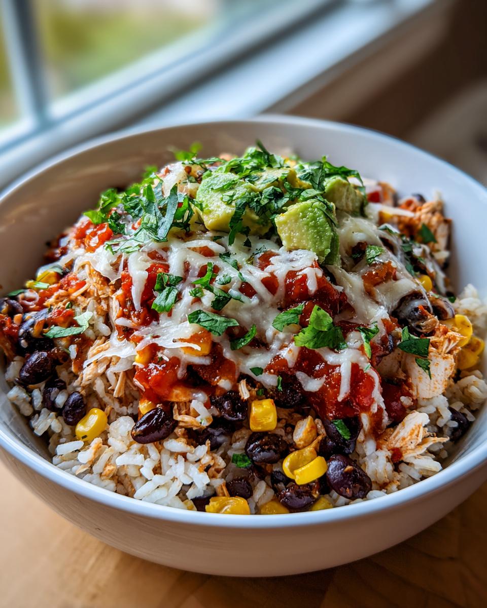 A close-up of a vibrant chicken burrito bowl featuring rice, black beans, corn, salsa, melted cheese, and diced avocado.