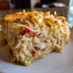 Close-up of a generous serving of creamy, cheesy chicken spaghetti casserole with shredded chicken and red peppers.