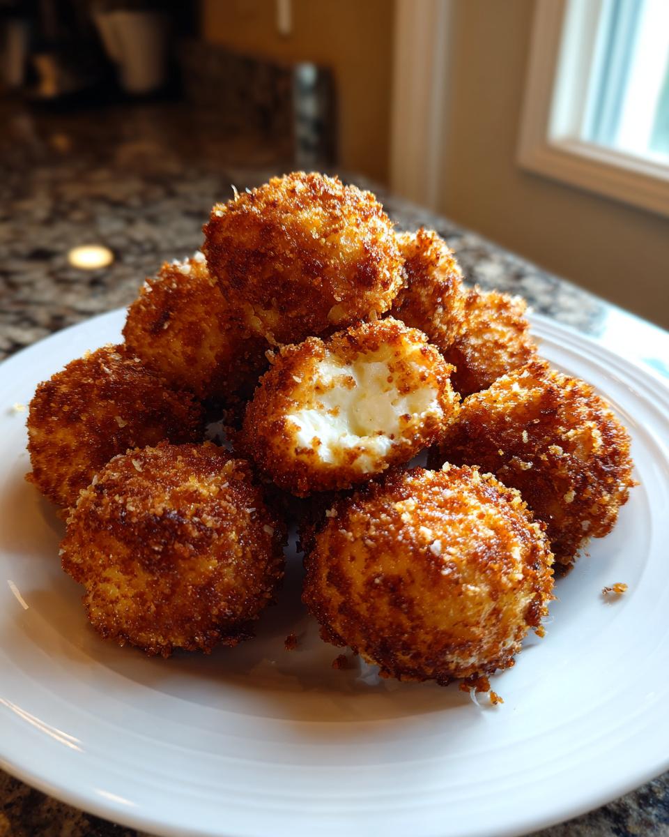 A stack of crispy, golden brown fried goat cheese balls, with one broken open showing the creamy white interior.