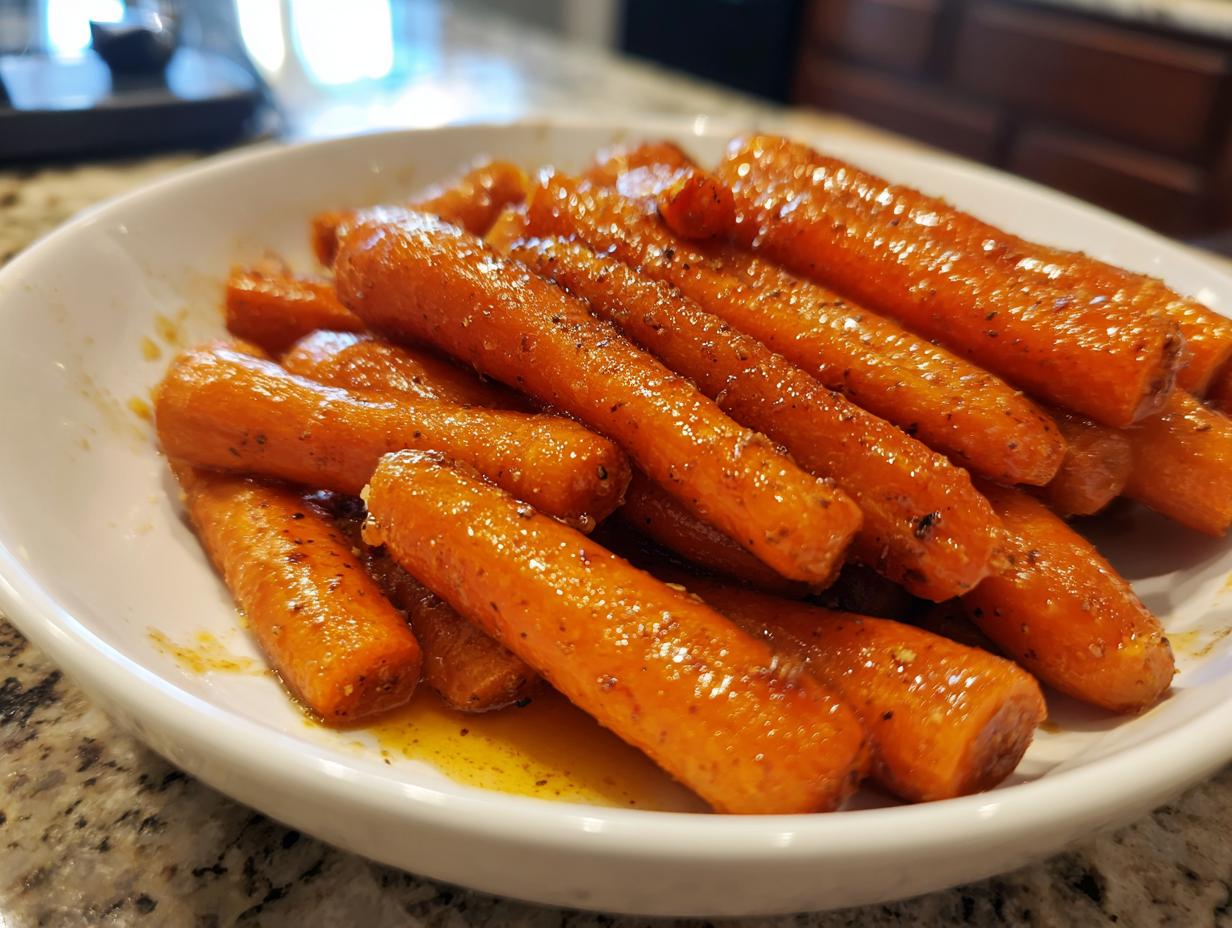Close-up of tender, bright orange honey glazed carrots sprinkled with pepper, served in a white bowl.