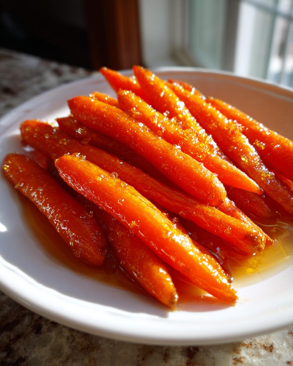 A close-up of vibrant, bright orange honey glazed carrots glistening with syrup on a white plate.