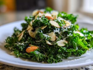 A vibrant close-up of a fresh kale salad topped with sliced almonds and grated Parmesan cheese.