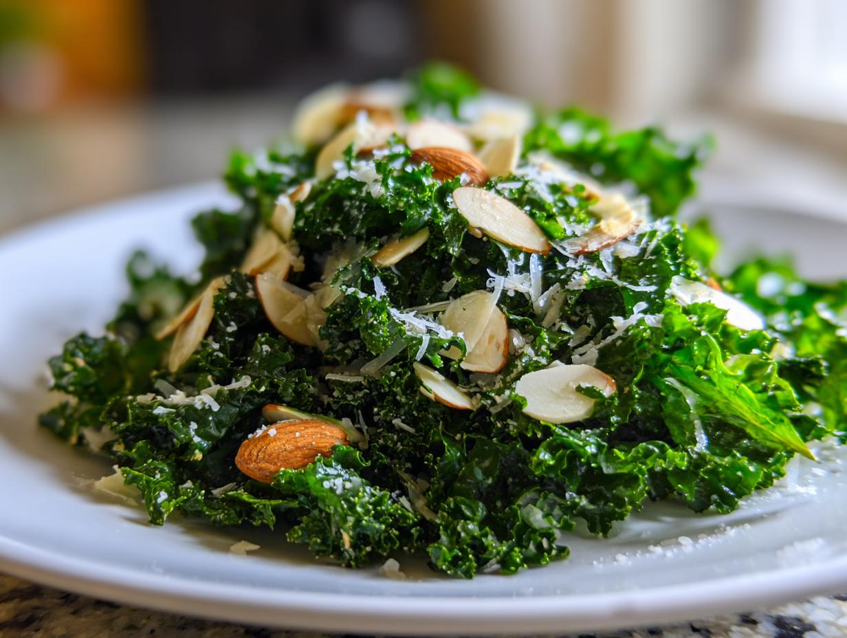 A vibrant close-up of a fresh kale salad topped with sliced almonds and grated Parmesan cheese.