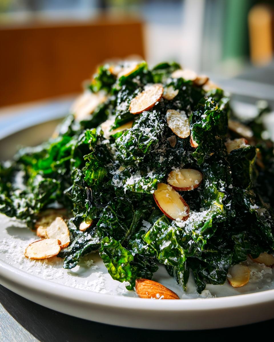 Close-up of a vibrant kale salad topped with slivered almonds and grated cheese.