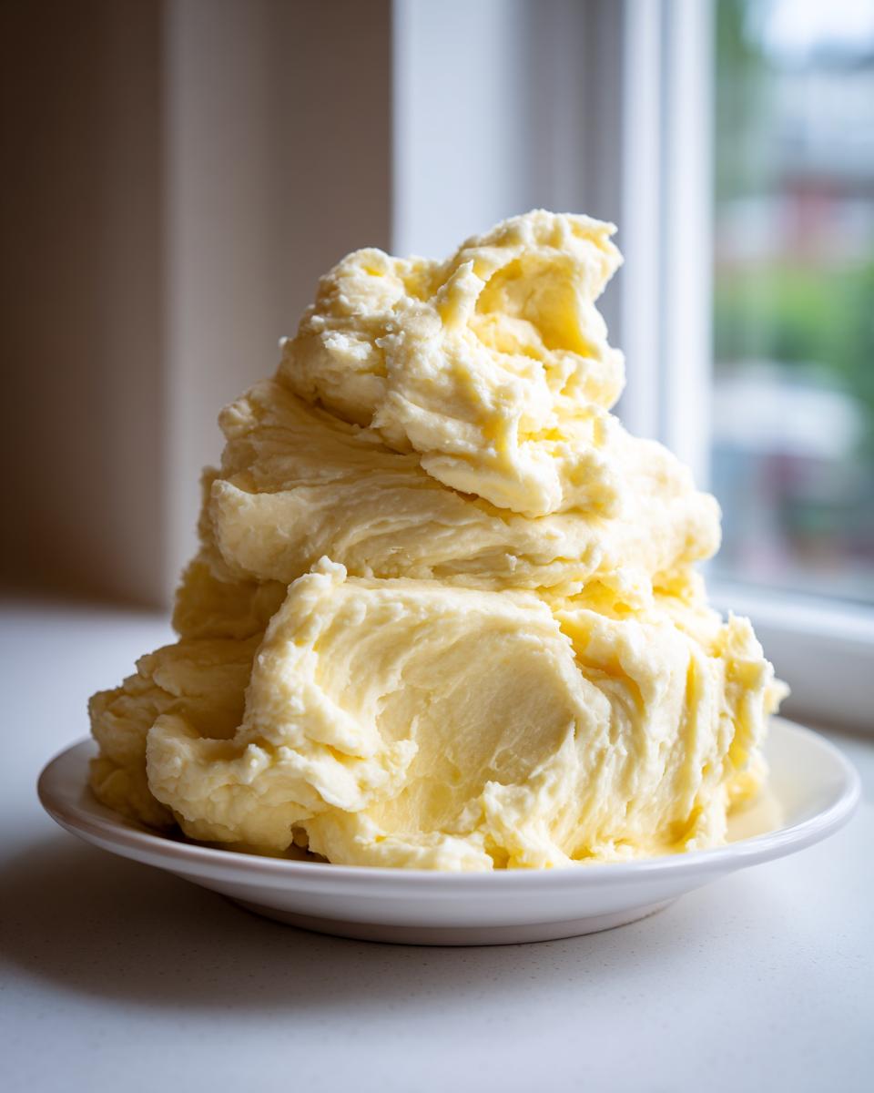 A large, fluffy mound of creamy, yellow mashed potatoes recipe served on a small white plate.