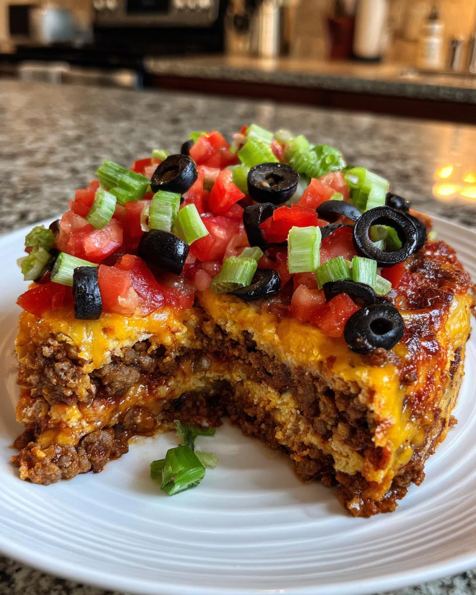 A thick slice of amazing mexican pizza showing layers of seasoned meat and cheese, topped with fresh tomatoes, olives, and green onions.
