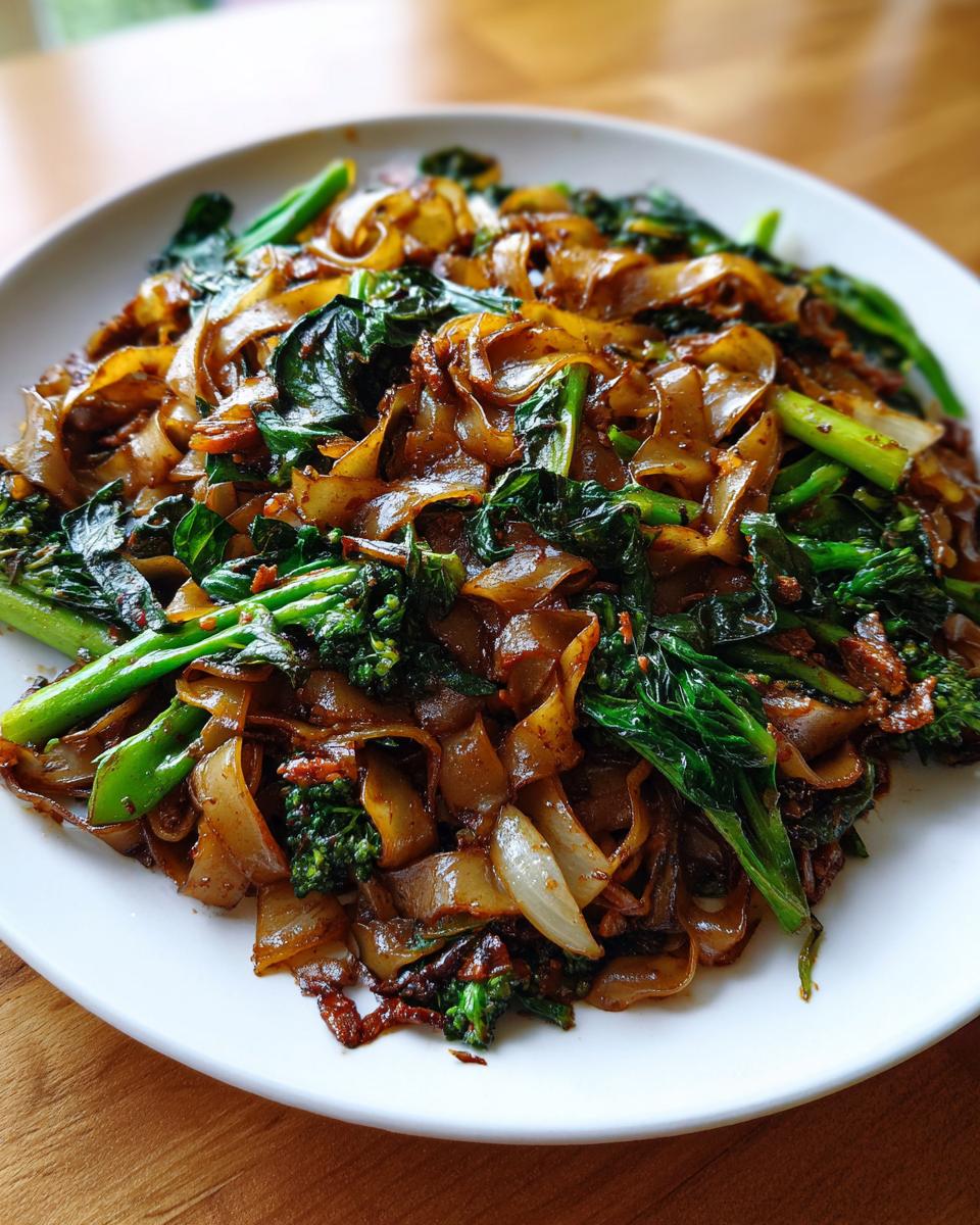 A close-up view of a plate piled high with glossy, dark brown thai drunken noodles mixed with vibrant green Chinese broccoli and onions.