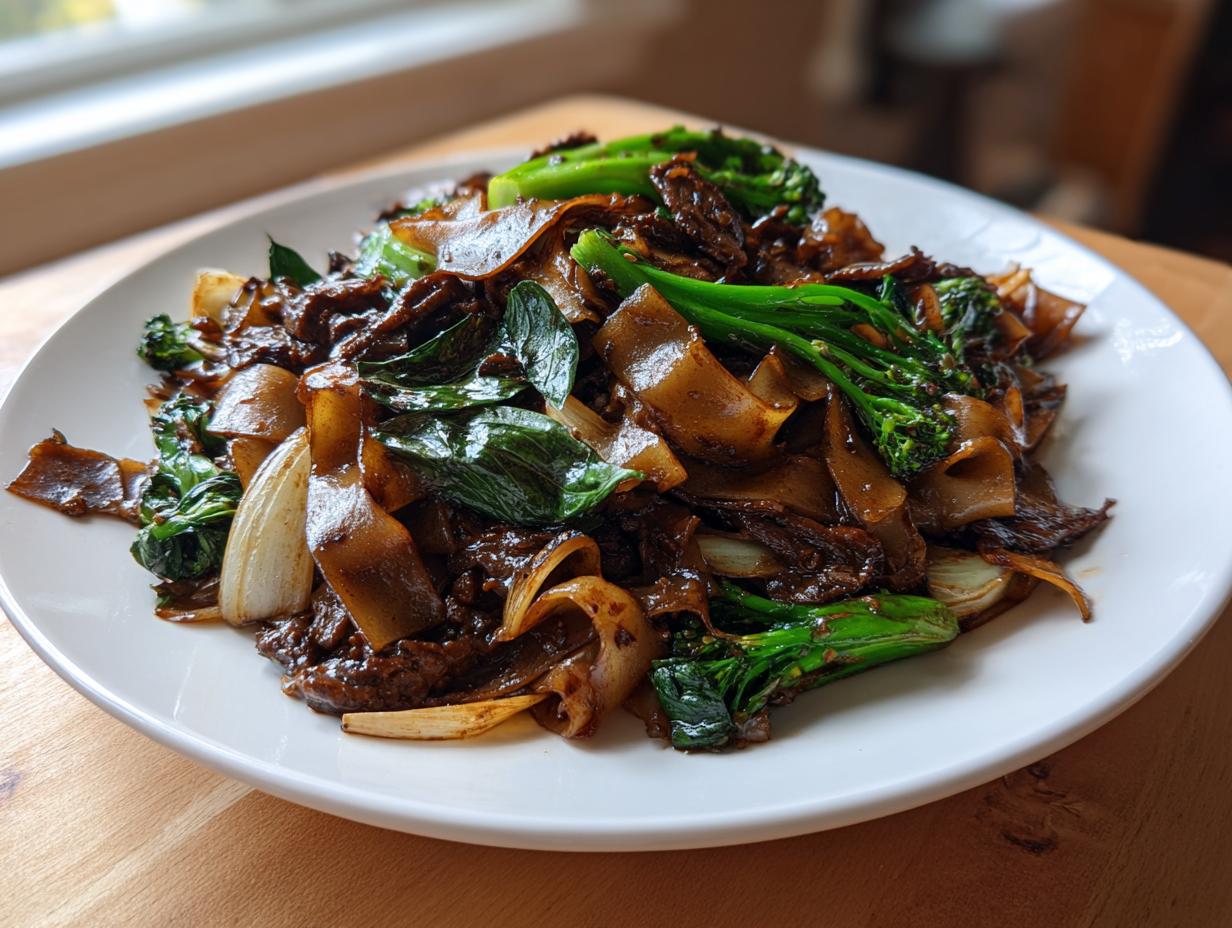 A close-up of a generous serving of amazing thai drunken noodles featuring wide rice noodles, dark sauce, beef, and bright green broccoli.