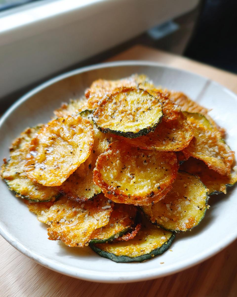 A bowl overflowing with golden, crispy zucchini chips seasoned with salt and pepper.