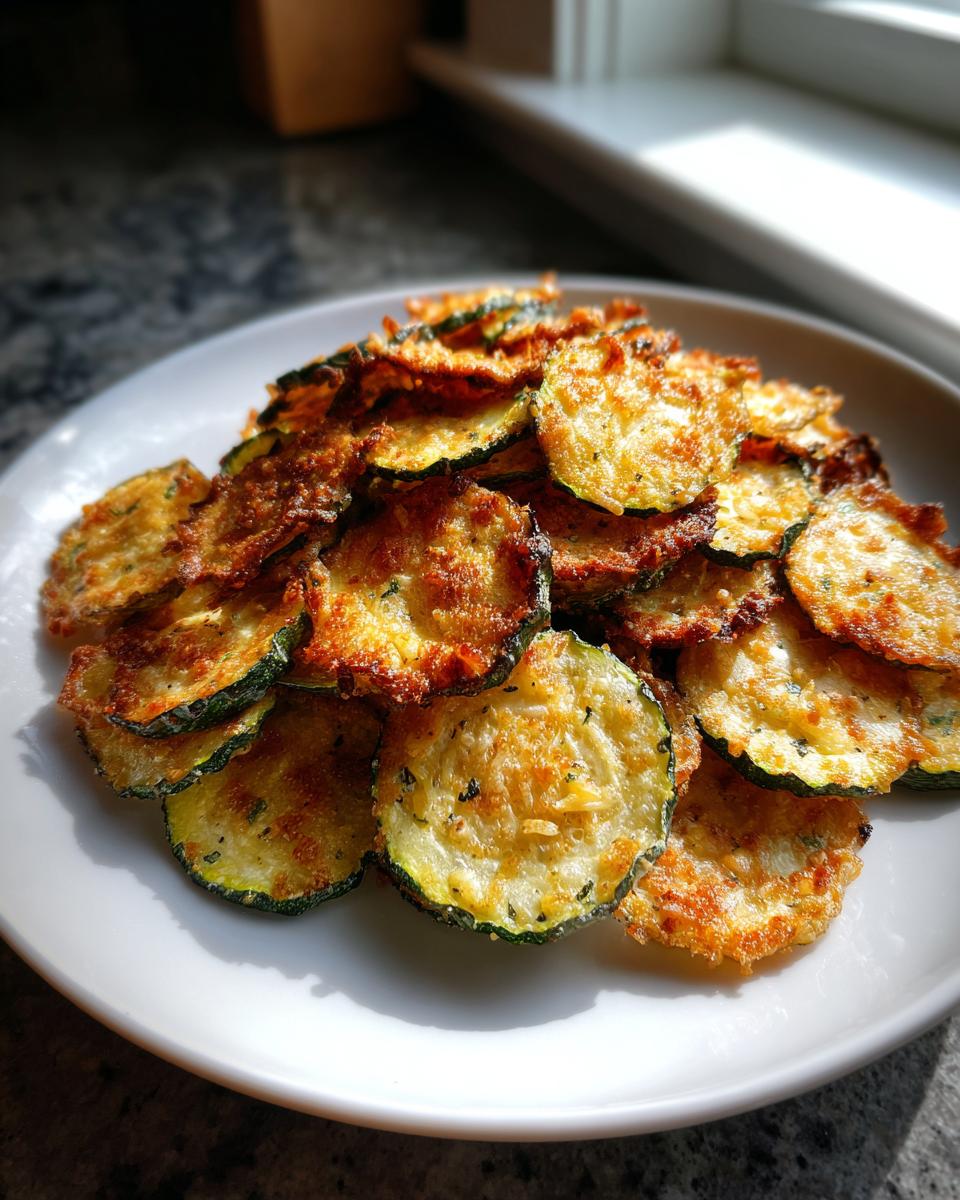 A pile of golden brown, seasoned zucchini chips served on a white plate, showcasing their crispy texture.