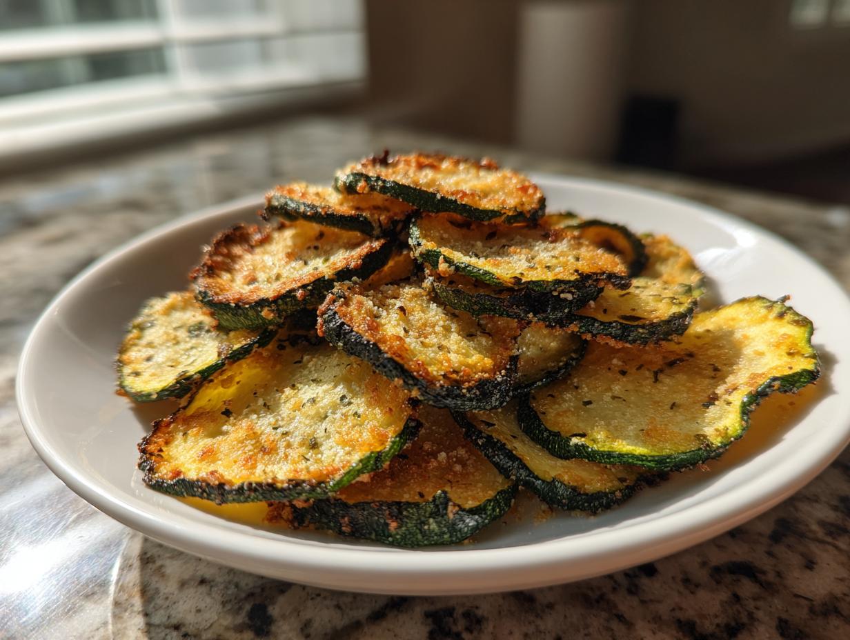 A pile of golden, crispy baked zucchini chips seasoned with herbs and cheese, served on a white plate.
