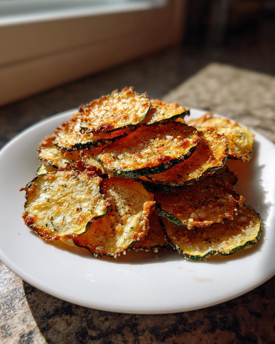 A pile of golden brown, seasoned zucchini chips stacked on a white plate, catching sunlight.