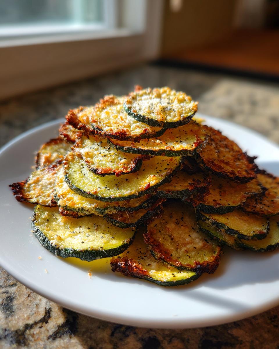 A stack of golden brown, seasoned zucchini chips piled high on a white plate, showing their crispy edges.